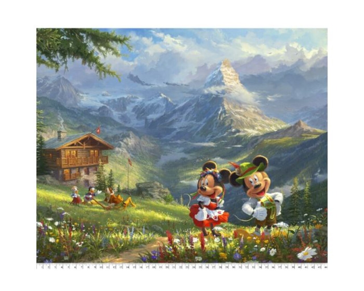 Mickey Minnie Travel The Alps Disney by Thomas Kinkade Licensed by David Textiles Digital Cotton Print Fabric Panel | 100% Cotton | Sold By the Panel